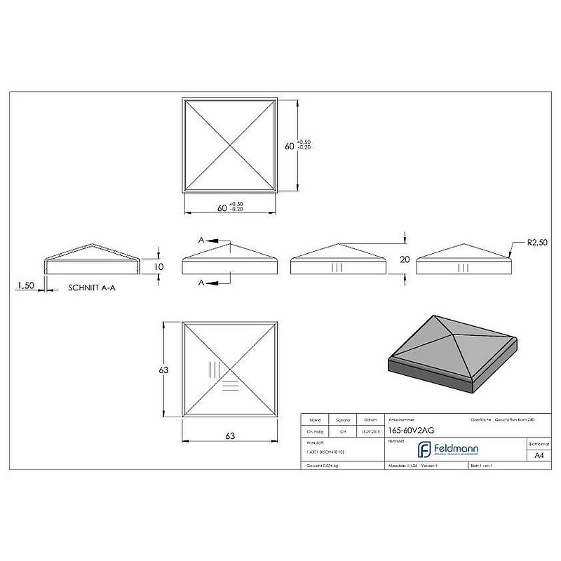 Pyramidenkappe, für Rohr 60x60mm, V2A