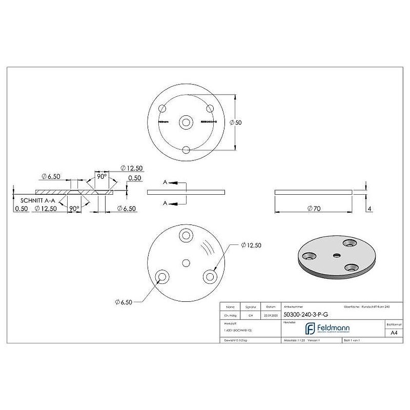 Embase ronde, Ø 70x4mm, avec ponçage circulaire, V2A