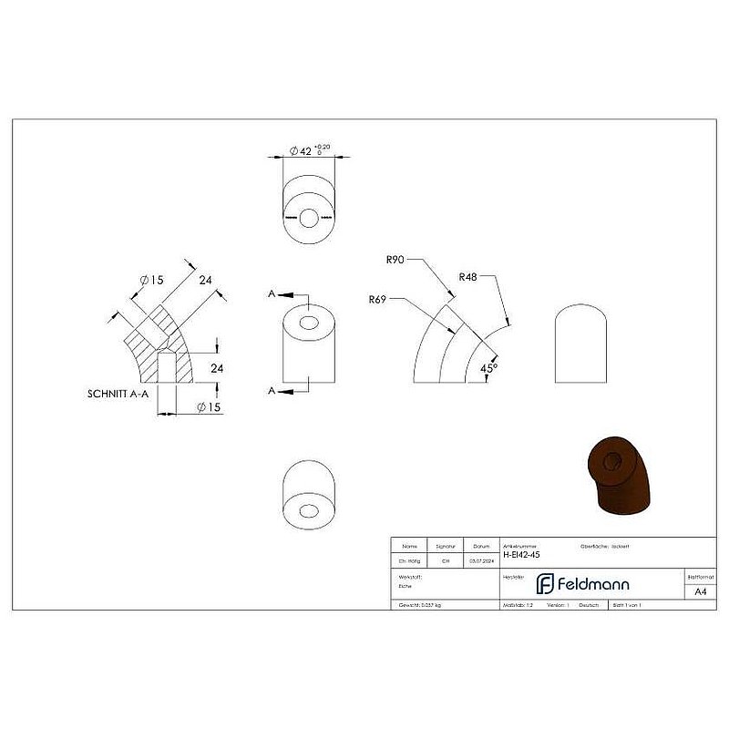 45° bracket for wooden handrail oak, Ø 42,4mm