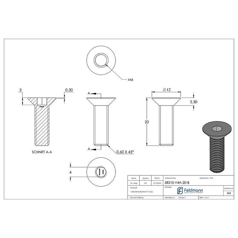 Senkkopfschraube M6x20, V4A, ISO 10642