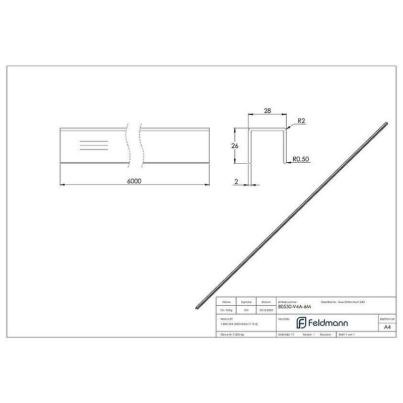 Stainless steel U-profile, 28x26x2mm, L: 6000mm, AISI316