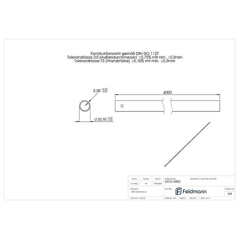 Edelstahlrohr geglüht, 33,7 x 2,5mm, Länge: 6000mm