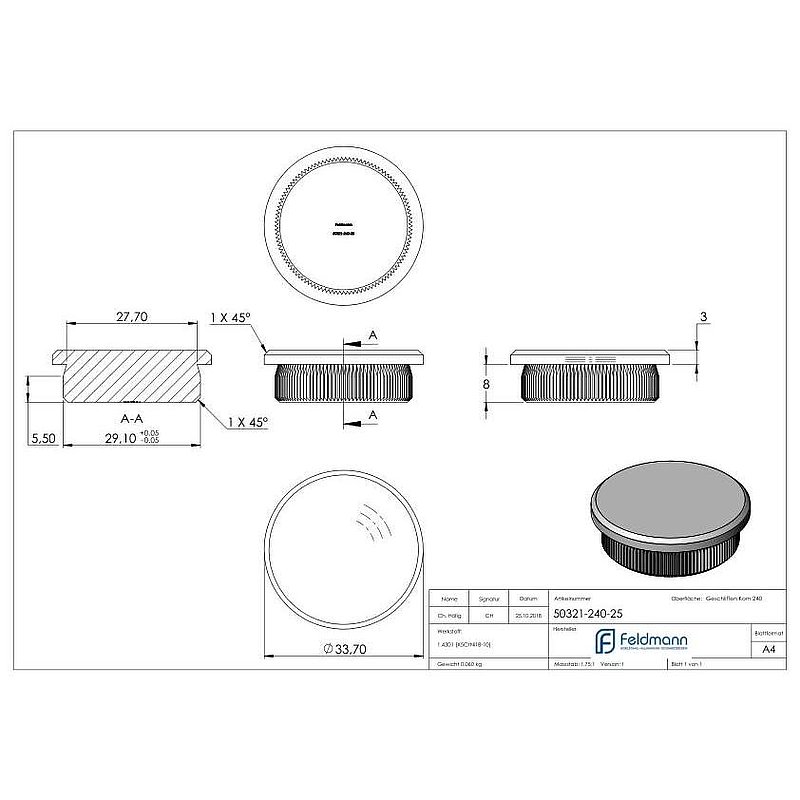 Tube end plug, for tube 33.7x2.5mm, AISI304