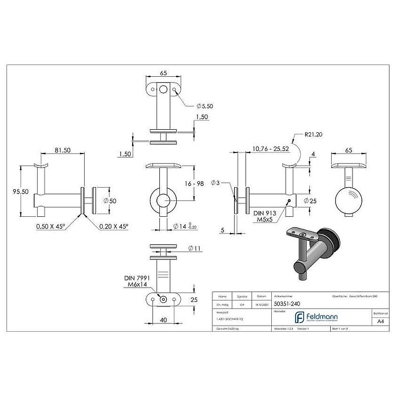 Handrail holder for glass, handrail connection plate 42.4 mm, AISI304