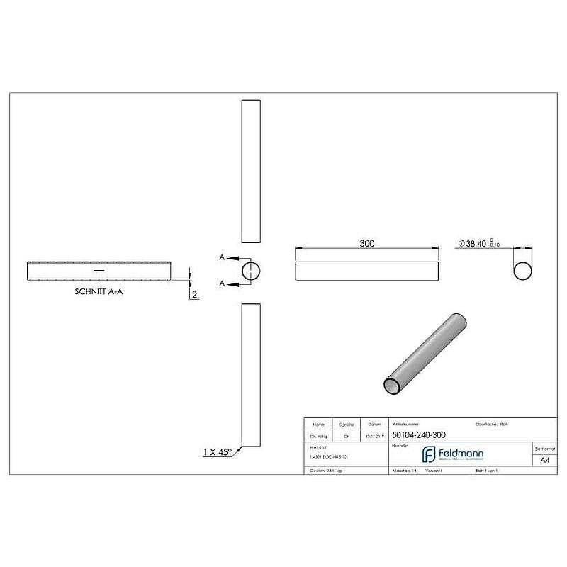 Connecting piece for tube 42.4x2.0mm, AISI304