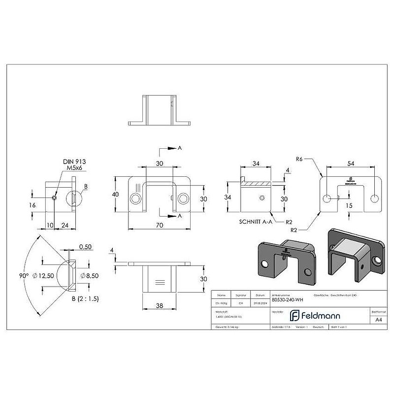 Montagemural pour profilé acier inoxydable en U 80530-XXX, V2A