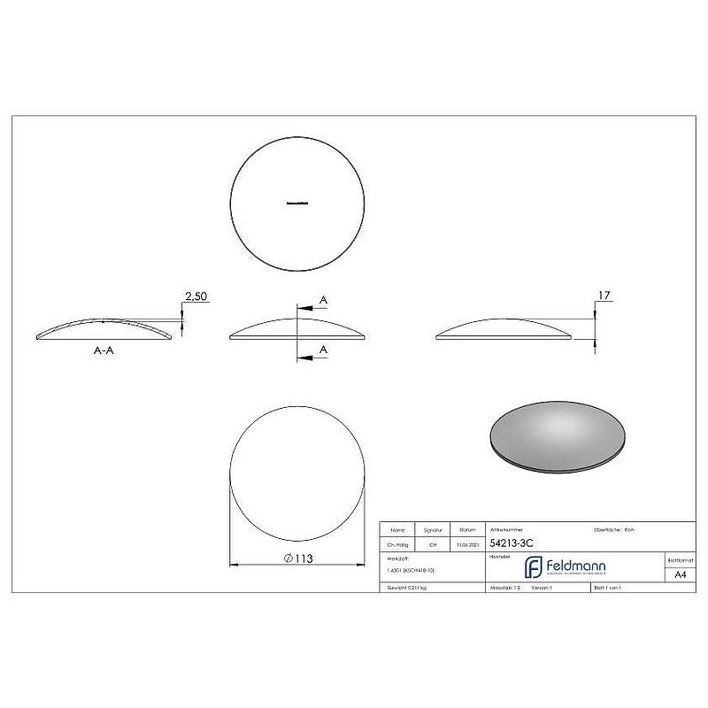 Gewölbte Schale Ø 113x2,5mm, V2A