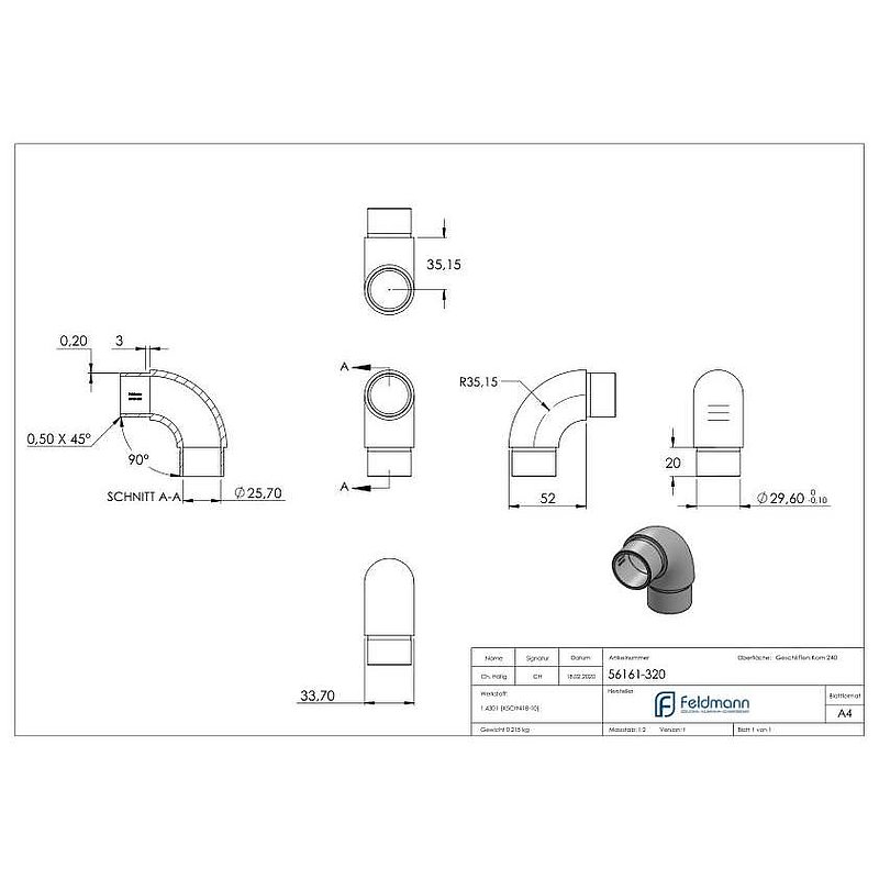 Tube bend 90°, for tube 33.7x2.0mm, AISI304