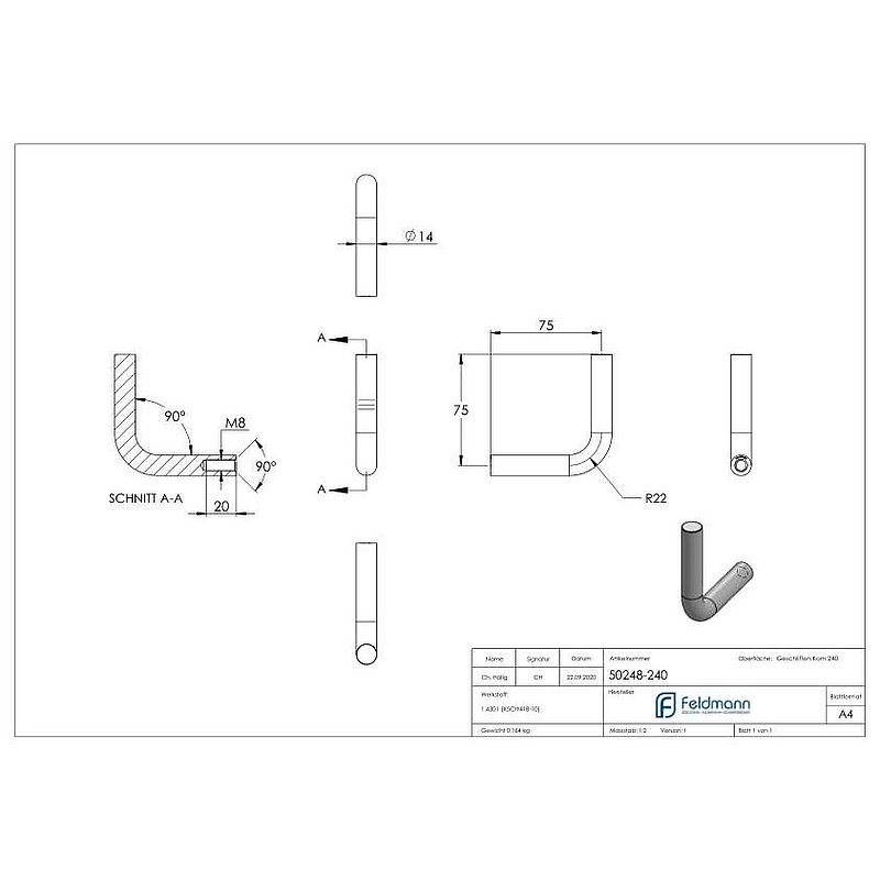 Bracket Ø 14mm, 90° bent, AISI304