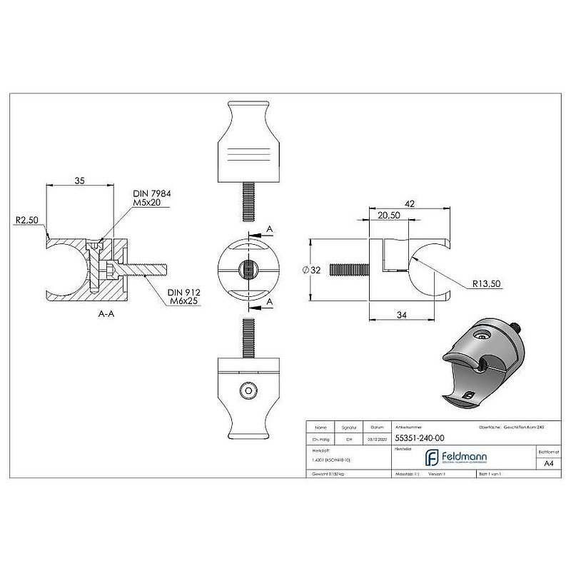Halter für rundes Klemmprofil 27mm Anschluss: gerade, V2A