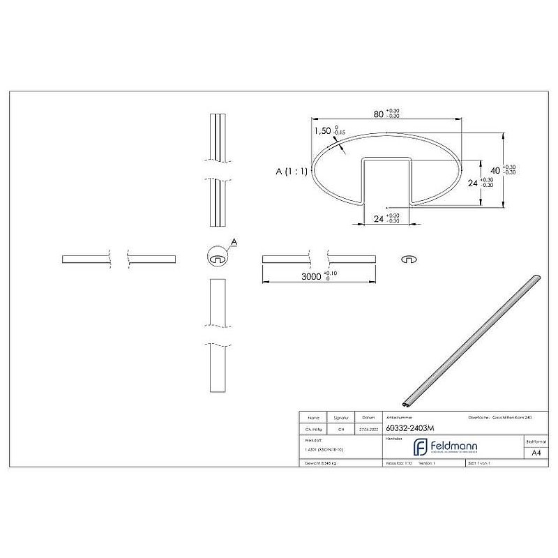 Ovalnutrohr, 80x40x1,5 mm, L: 3000mm, V2A