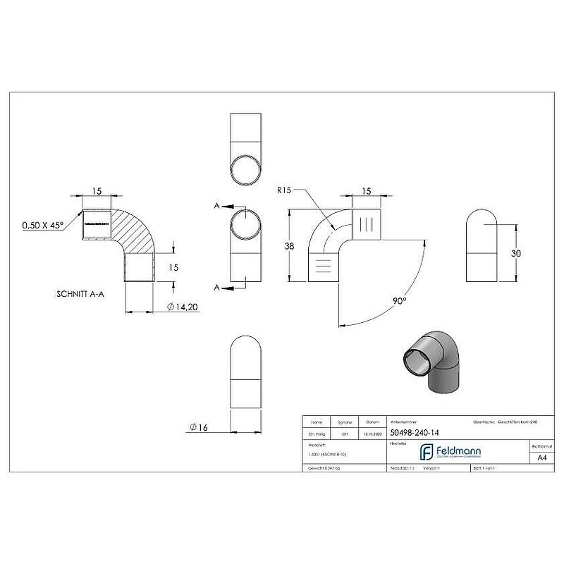Round bar connector for Ø 14mm, 90°, AISI304