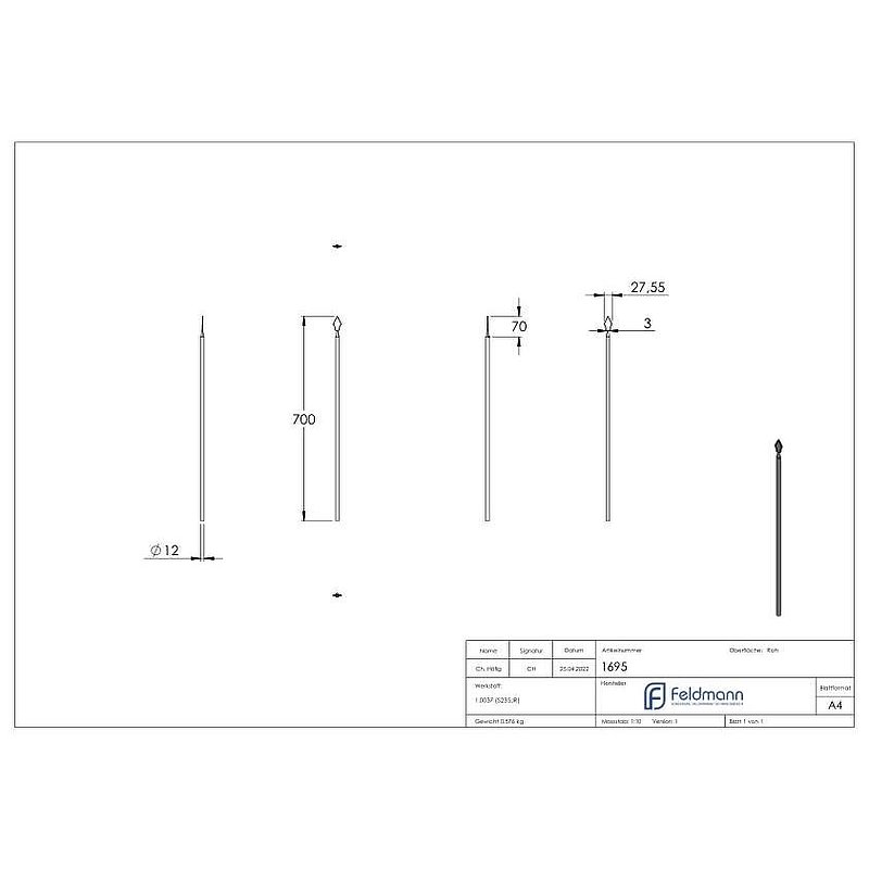 Barre de clôture Ø12mm, H : 700mm, bout conique et pointe décorative