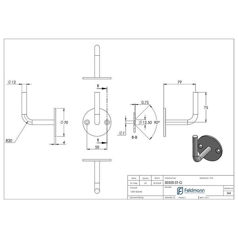 Handrail support with flat round plate, 70x4mm