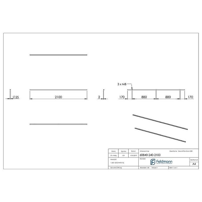 Laufschiene für Glasschiebetüren, L: 2100mm,  V2A