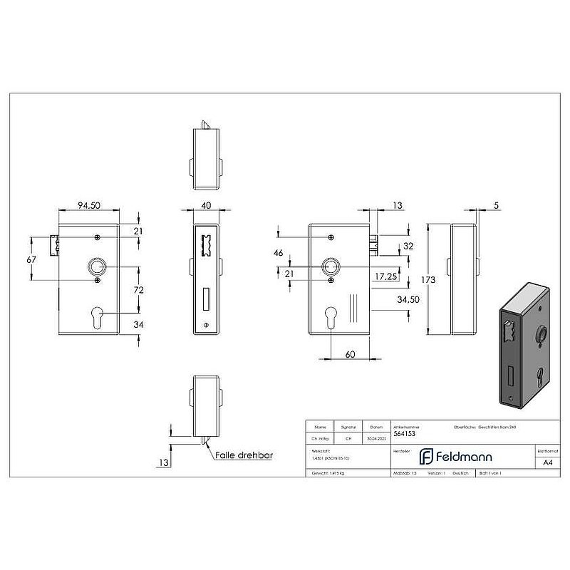 Stainless steel lock case with stainless steel lock, 40x94x172mm