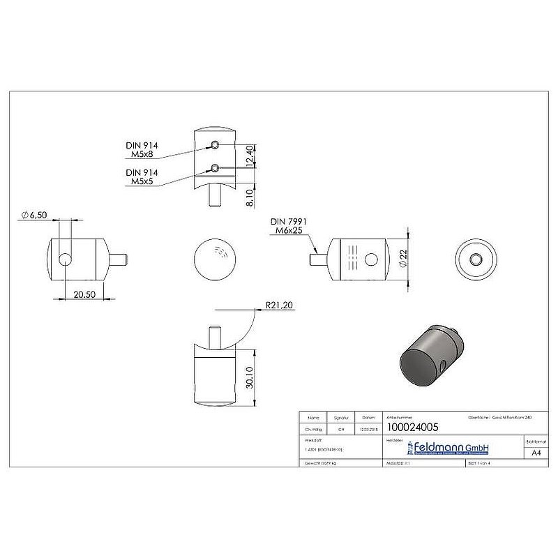 Cable holder, for 5mm rope, connection: 42.4mm, AISI304