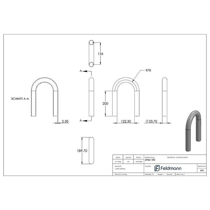 Tube acier cintré 180°, 33,7x2,5mm