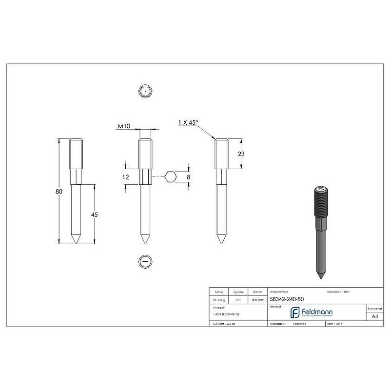 Stockschraube M10x80mm, V2A