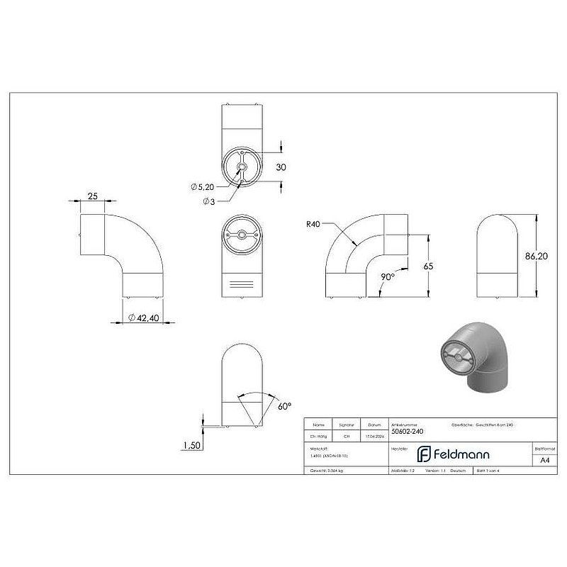 Elbow connector 90° for 42,4mm wooden handrail, AISI304
