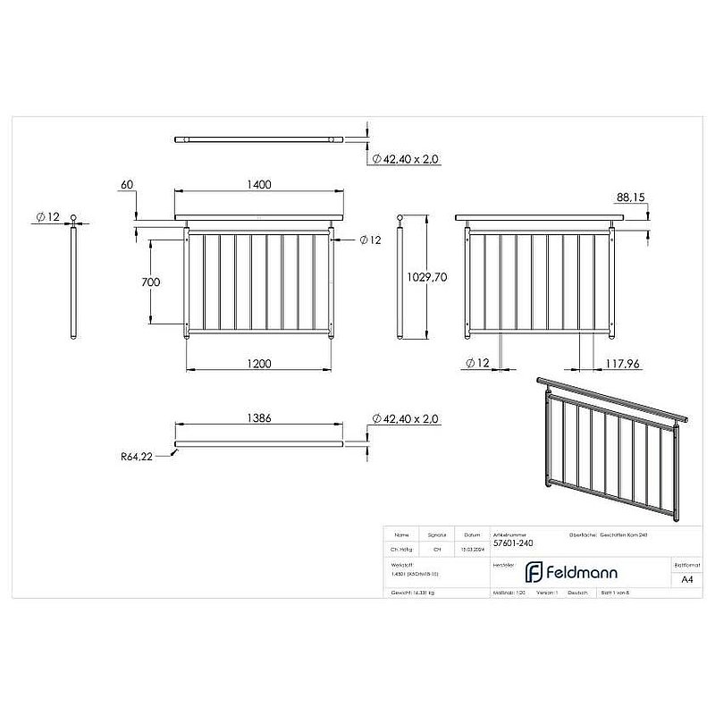 French balcony grille, straight, W: 1.2m, AISI304