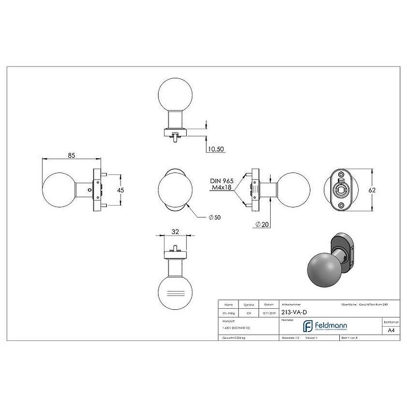Handle knob, Ø 50mm, rotatable, AISI304