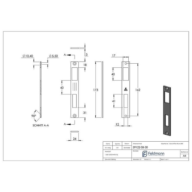 Platine de gâche acier inox, adapté à serrure de portes coulissantes de 30mm, V2A