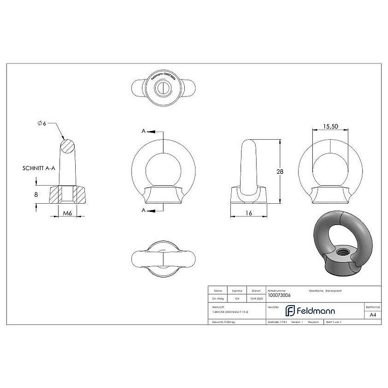 Ringmutter mit Innengewinde 6mm, V4A