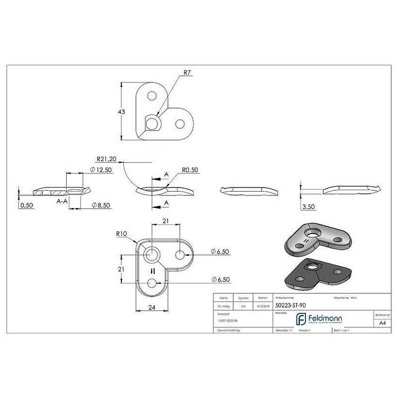 Handlaufanschlussplatte S235JR, Rohranschluss Ø 42,4mm, 90°