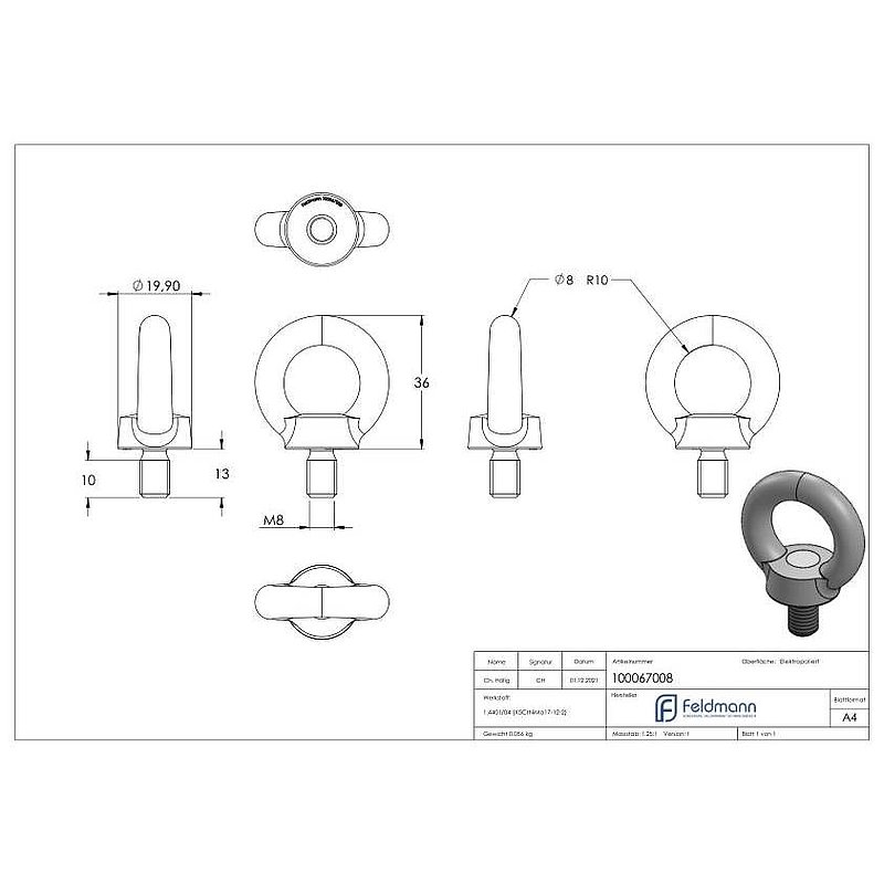 Ringschraube mit Außengewinde DIN 580, Rundeisen: 8mm, V4A