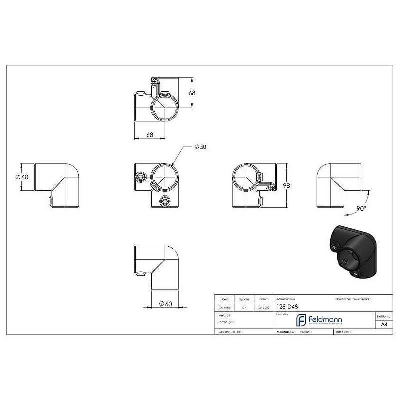 Raccord d'angle 3 sorties, pour tube Ø 48,3mm
