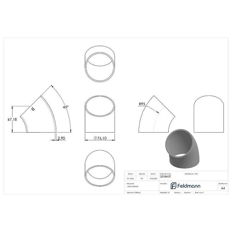 weldin elbow 45°, 76,1 x 2,9mm, 3D