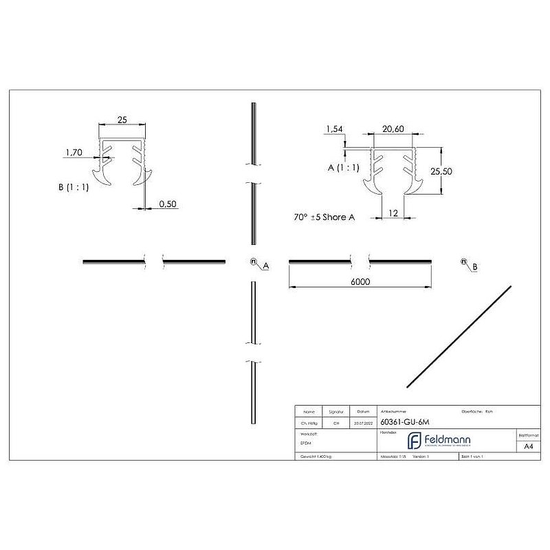 Wedge seal for glass 11.52 - 13.52mm, for groove 24x24mm, 6m