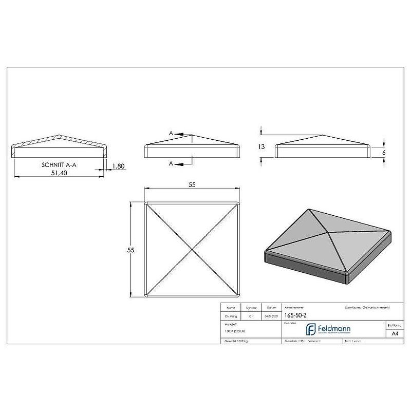 Pfeilerbedecker für Rohr 50x50mm, verzinkt