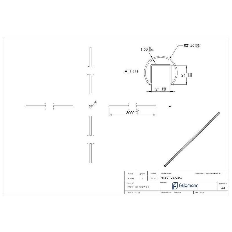 Grooved tube 42.4x1.5 mm, L: 3000 mm, AISI316