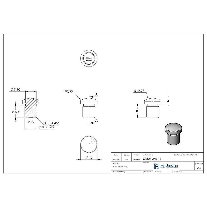 Tube end plug, for tube 12.0x1.5mm, AISI304