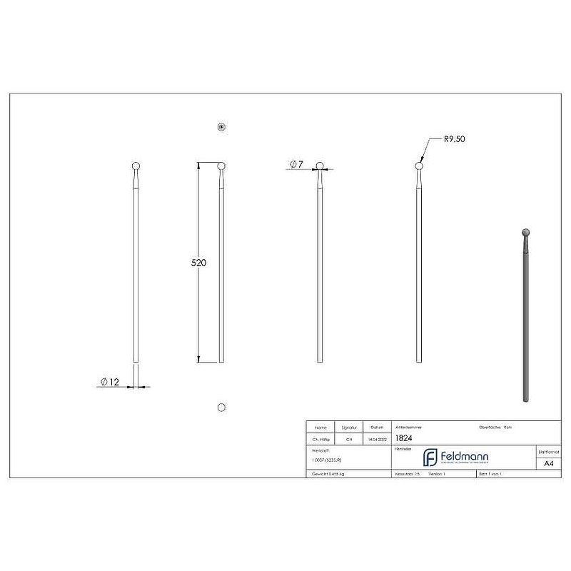 Fence bar Ø 12mm, H: 520mm, ball 19mm