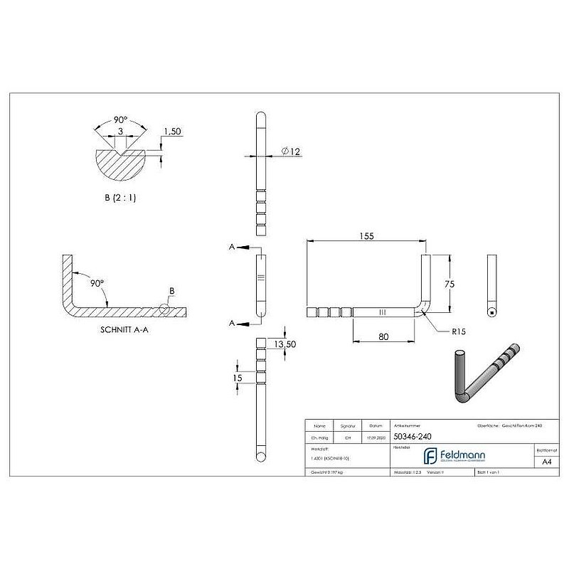 Handrail bracket for setting in concrete, bracket 12mm, AISI304