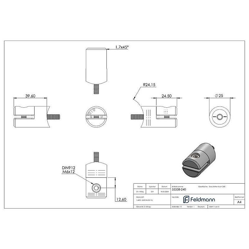 Sheet metal holder, Ø 25mm, connection: 48.3mm, AISI304
