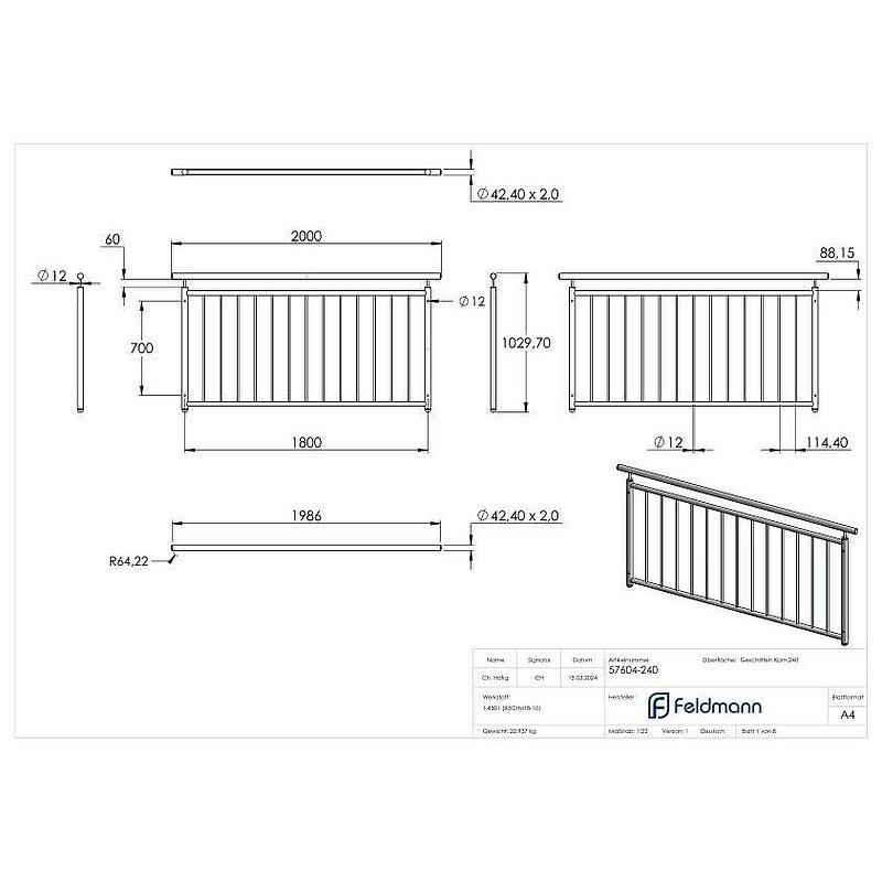 French balcony grille, straight, W: 1.8m, AISI304