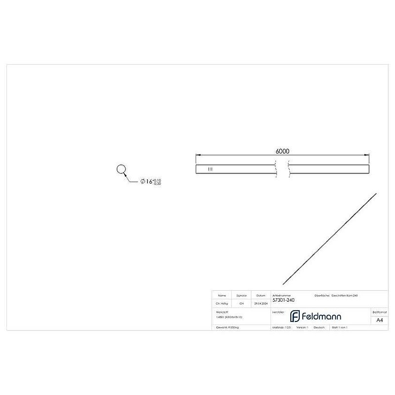Round material, 16mm, L: 6000mm, AISI304