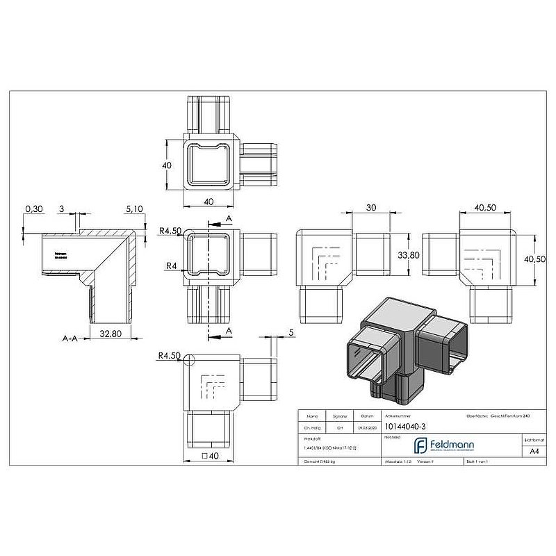 Eckstück 90° mit 3 Abgängen für Rohr 40x40x3,0mm, V4A