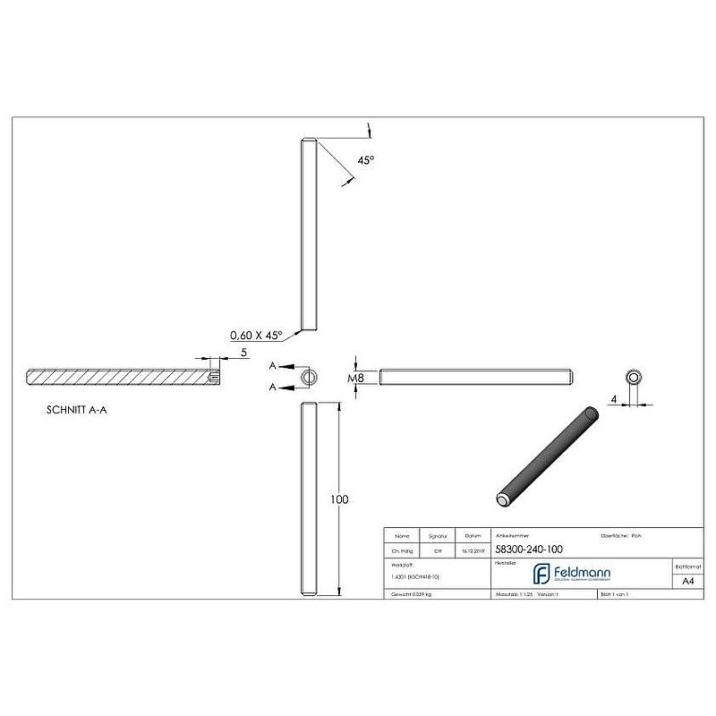 Gewindestift M8x100, V2A, DIN 913 / ISO 4026