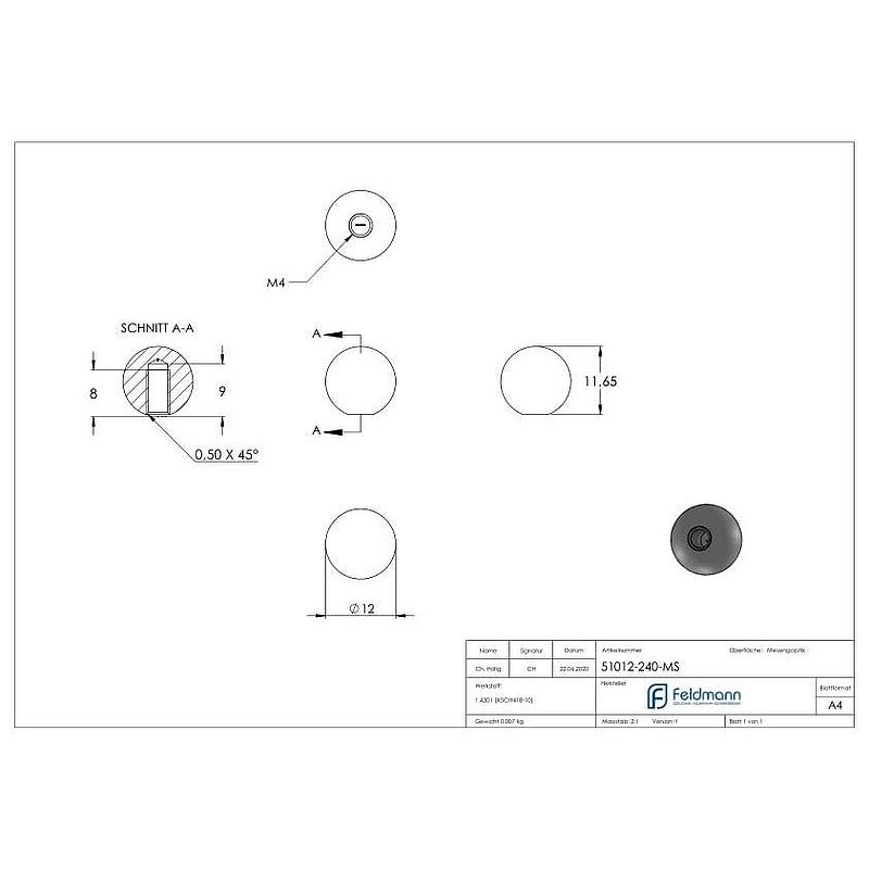 Boule laiton pleine Ø 12mm avec M4