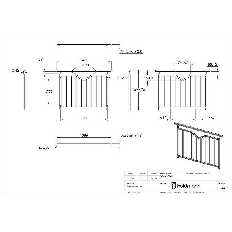 French balcony grille, with V-cutout, W: 1.2m, AISI304