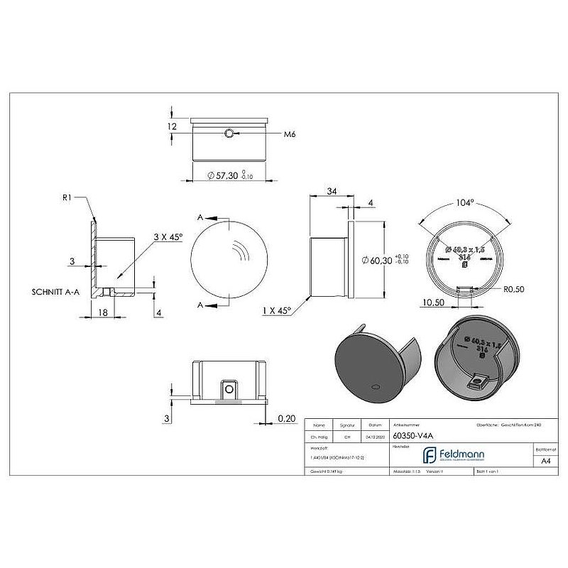 End cap for grooved tube 60.3x1.5mm, AISI316