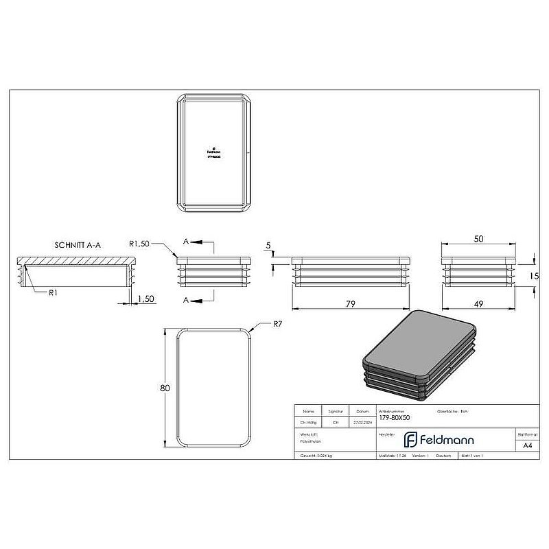 Bouchon plastique pour tube rectangulaire 80x50mm