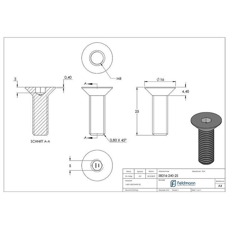 Countersunk head screw M8x25, AISI304, ISO 10642