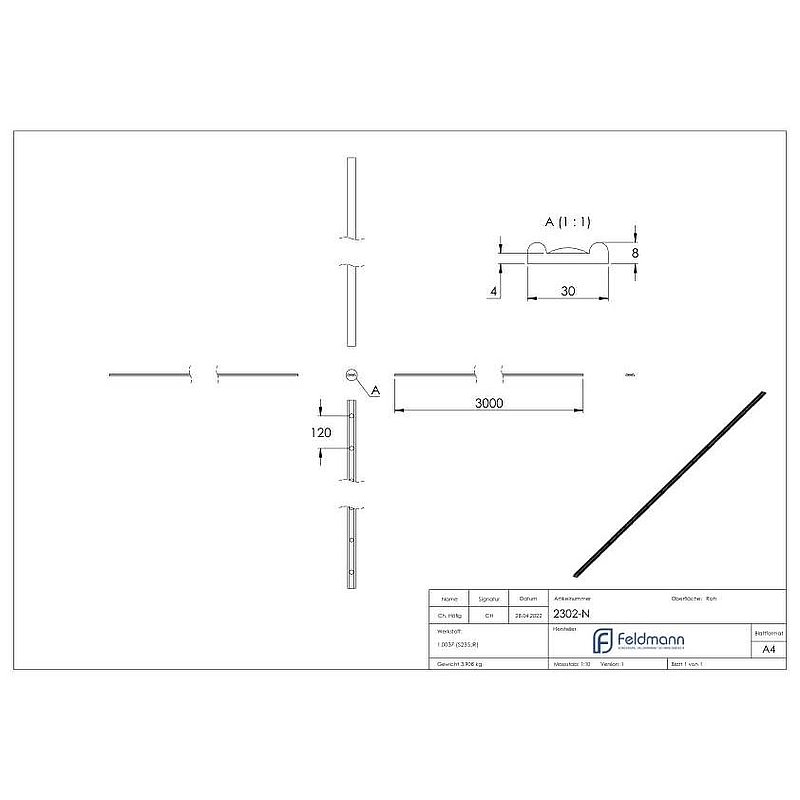 Hespene iron S235JR, 30x8x4mm, L: 3000mm