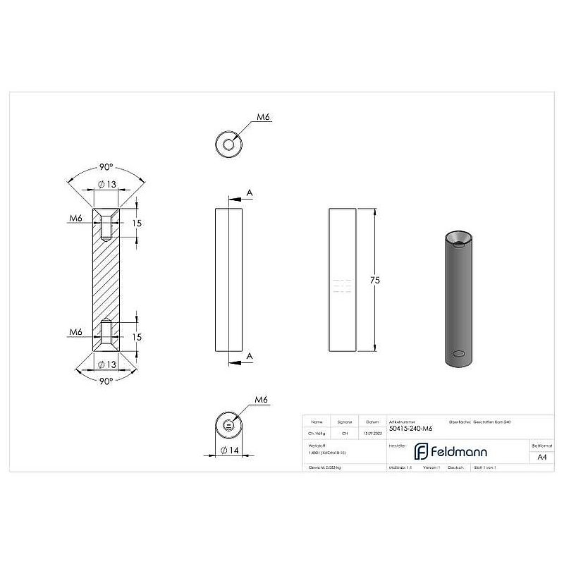 Stift Ø 14mm, L: 75mm, V2A
